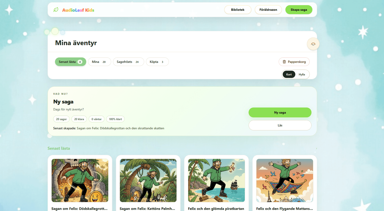 AudioLeaf Kids bibliotek med flera Felix-berättelser i samma värld.