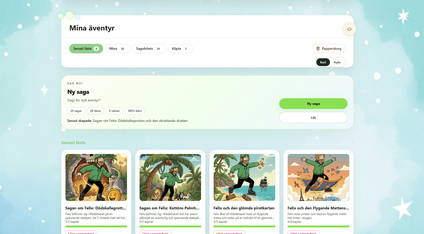 AudioLeaf Kids storymodal med en Felix-berättelse och knappar för att fortsätta, läsa och publicera.