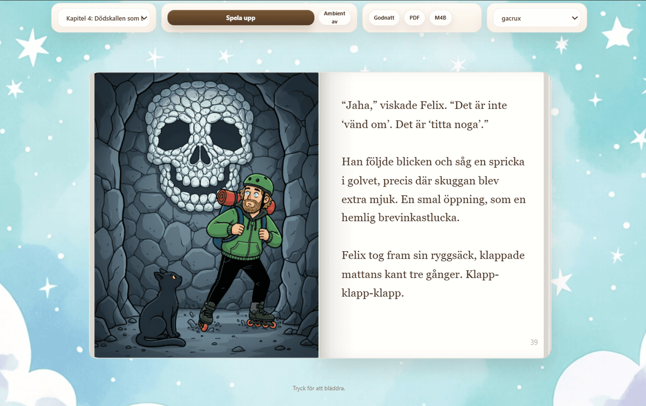 AudioLeaf Kids reader med ett uppslag där Felix och katten står i dödskallegrottan.