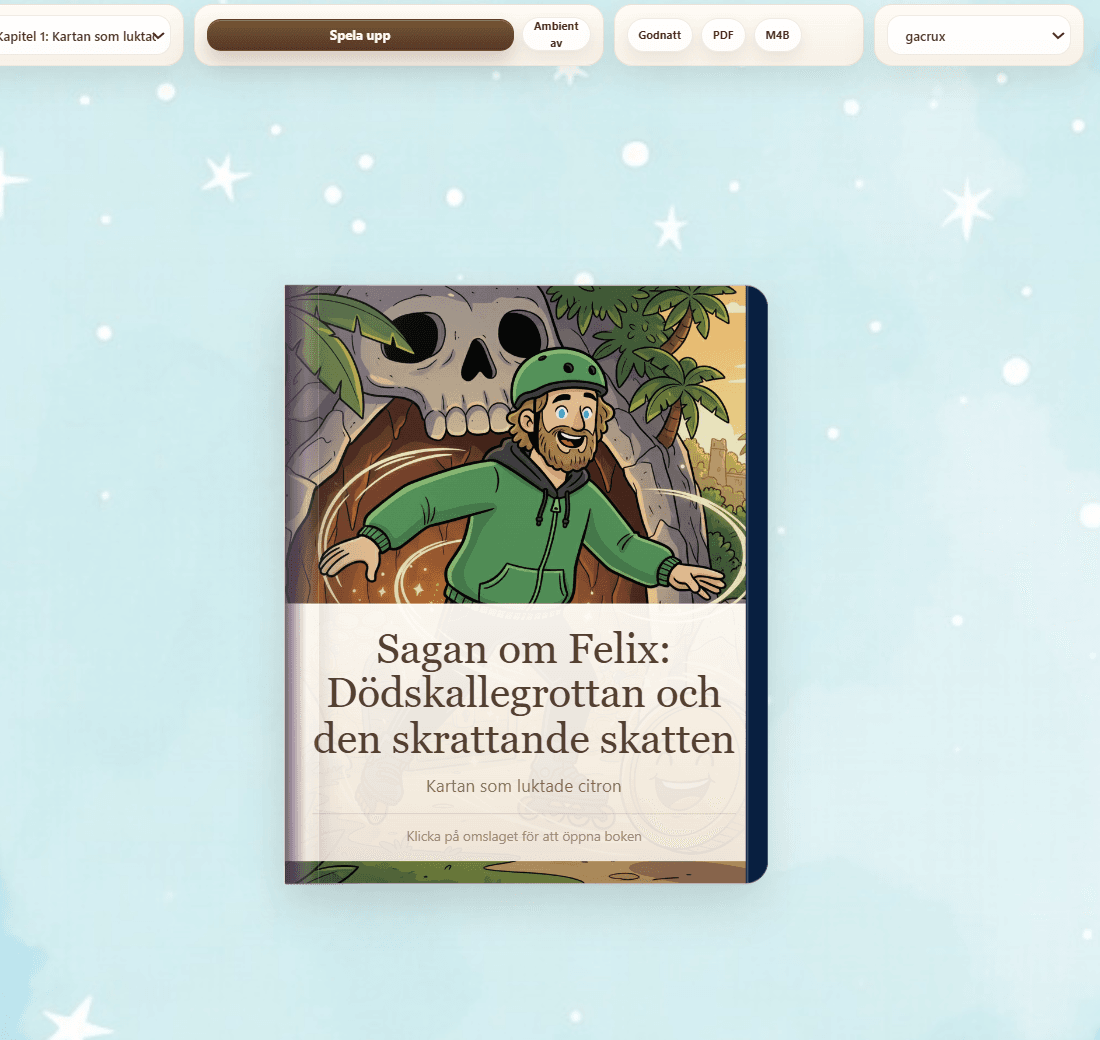AudioLeaf Kids reader med uppslag och kontroller för uppläsning, godnattläge, PDF och M4B.