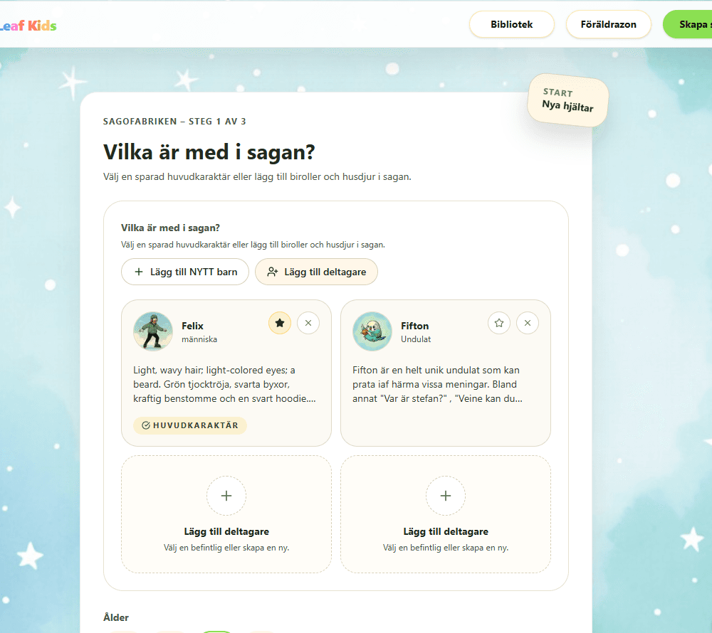 AudioLeaf Kids sagofabrik där Felix och Fifton valts som deltagare i en ny saga.