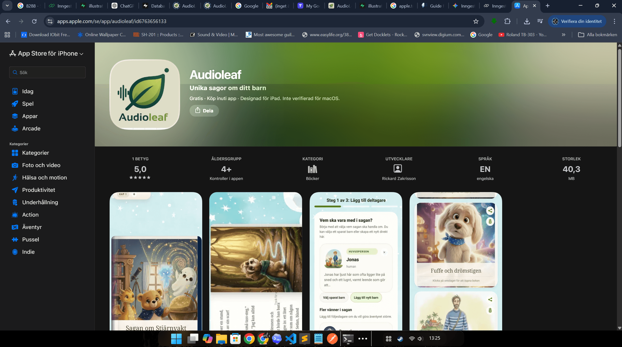 AudioLeafs App Store-sida med appikon, titel, betyg och skärmbilder.