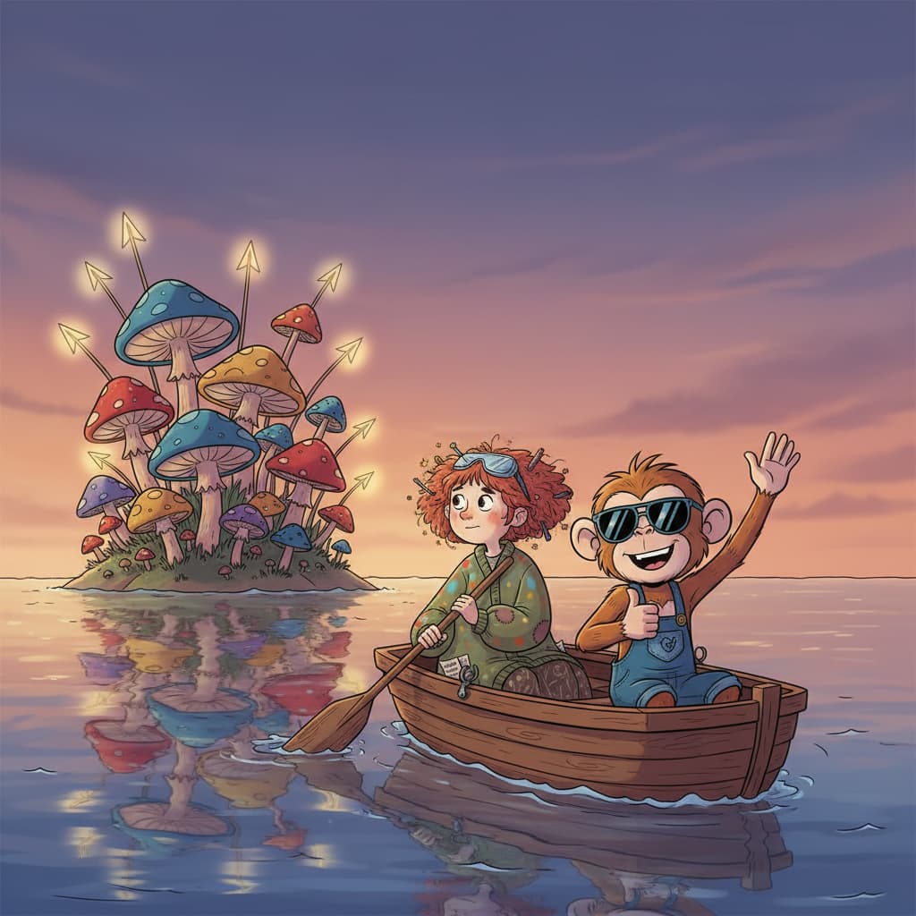 Myrra och Happi i en båt mot en glödande svampö i solnedgång.
