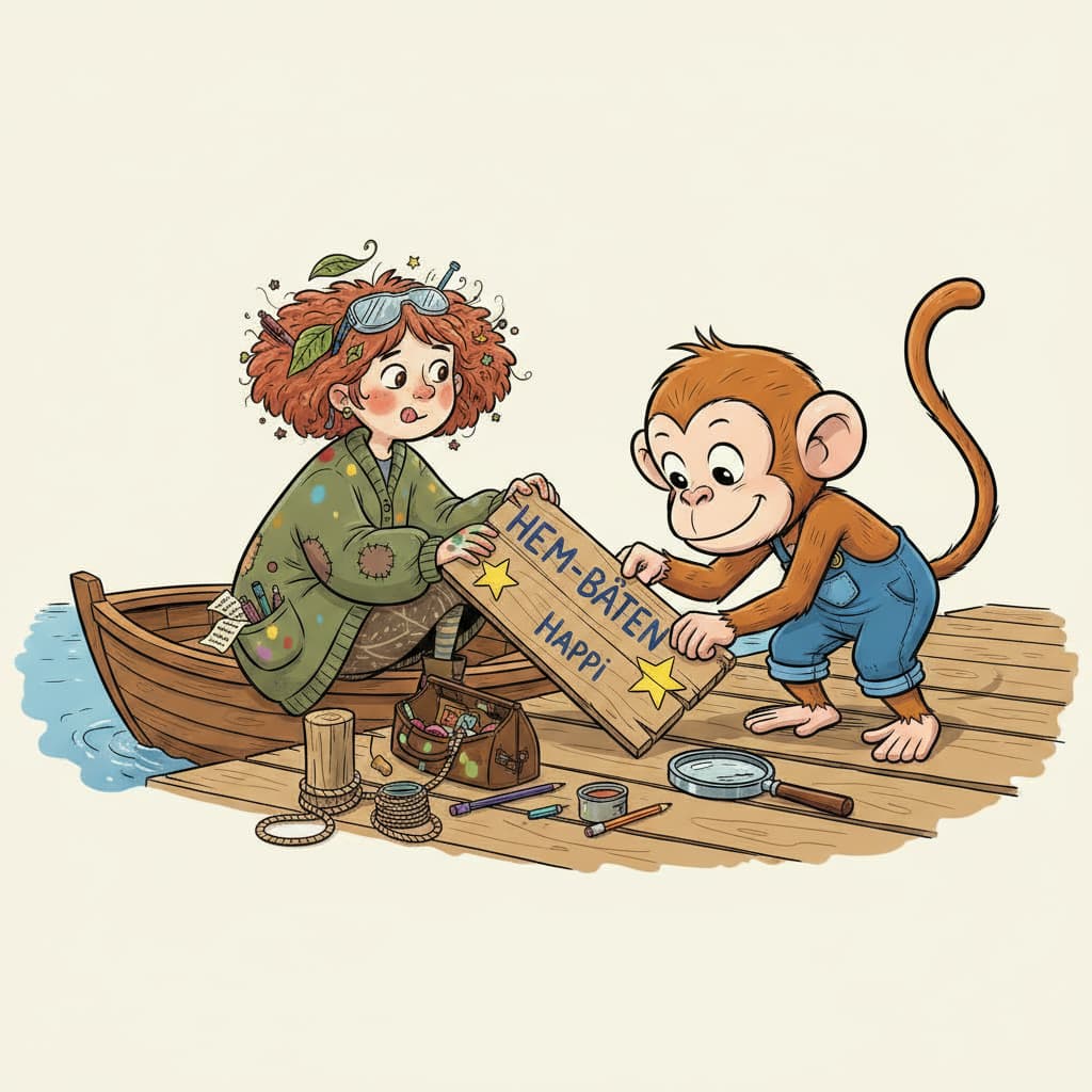 Myrra och Happi vid en brygga med en handmålad skylt.