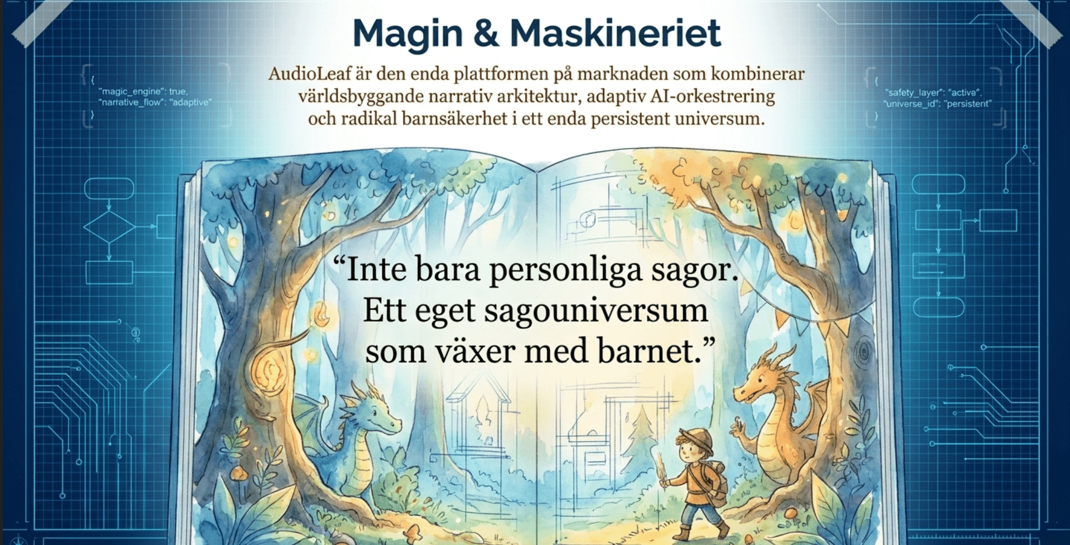 AudioLeaf-plansch om magi och maskineri med sagobok, narrativ arkitektur och barnsäkerhet.