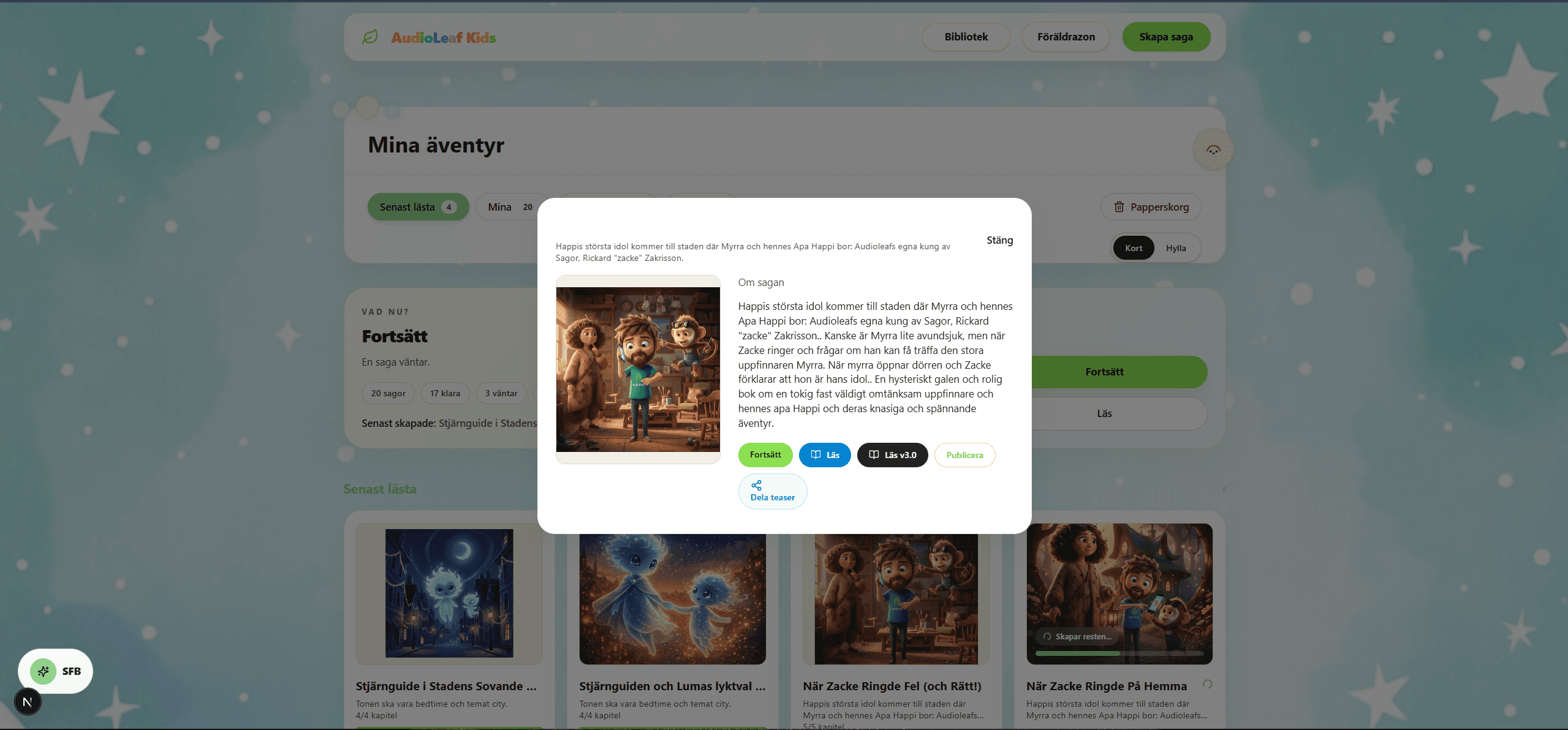 AudioLeaf Kids bibliotek med berättelsekort och fortsättningsyta.