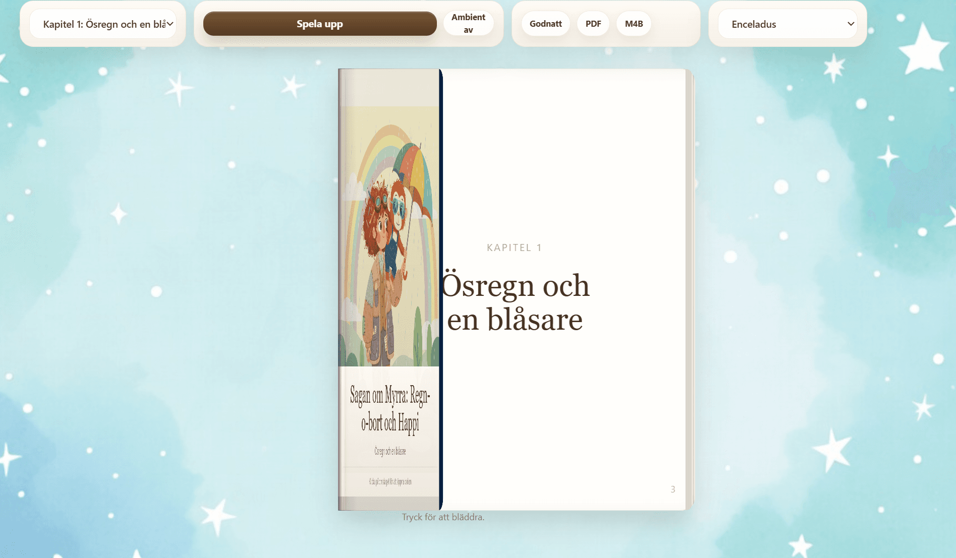 AudioLeaf Kids reader i pageflip-läge med bokuppslag och kontroller.