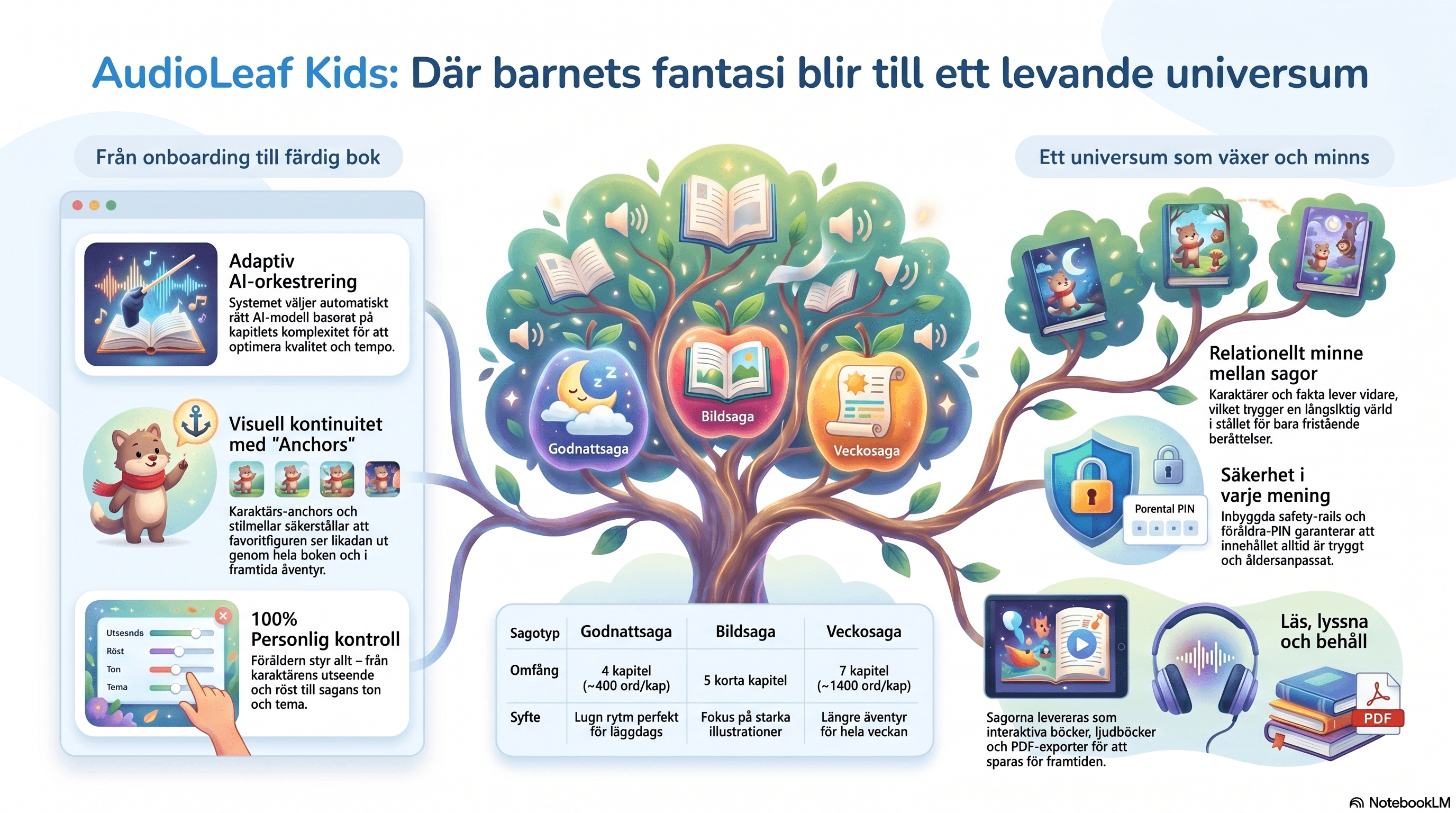 Infografik som visar AudioLeaf Kids som ett växande sagouniversum med läsning, ljud och säkerhet.