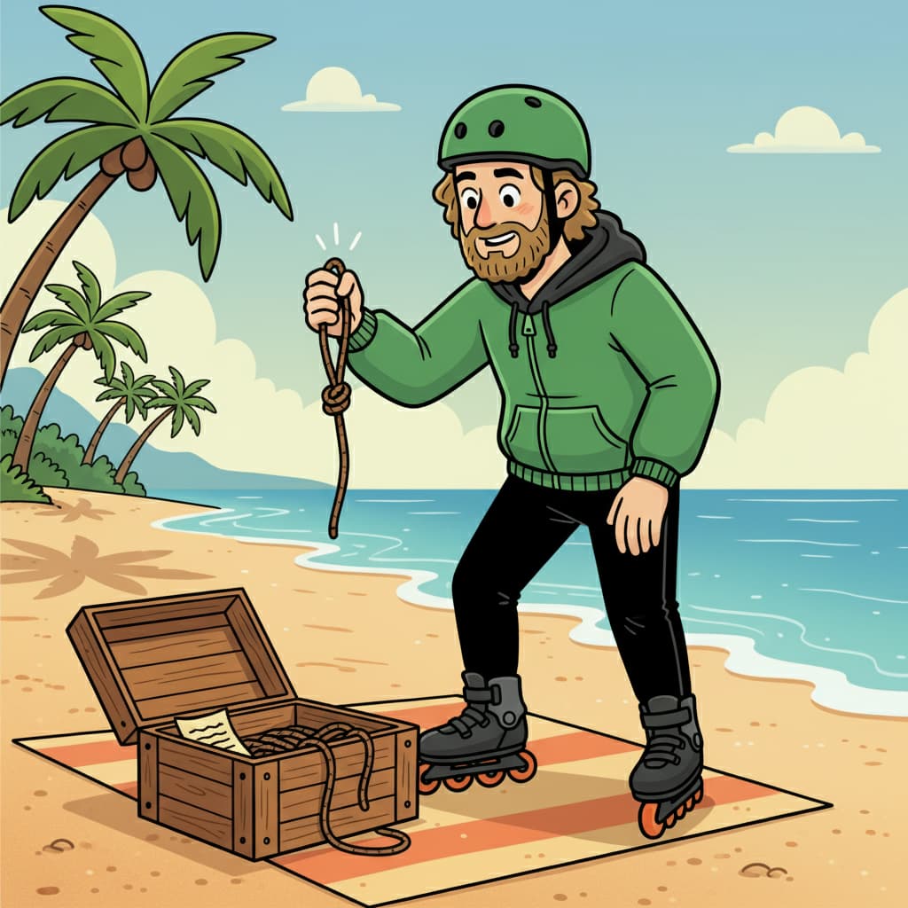 Felix på stranden med hjälm, inlines och ledtråd från skattjakten i seriens andra del.